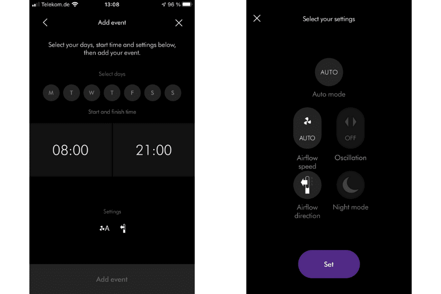 Programming the timer in the Dyson Link app with time and air purifier function.